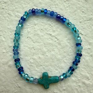 Handmade Beaded Blue Cross Bracelet 6.5 inches boho faith gift idea